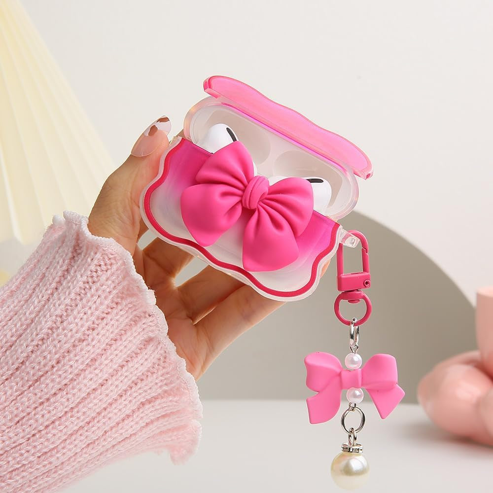 Compatible with Apple Airpods Pro Generation 2019 Case Cover, Cute 3D Bow Tie Design Shockproof Soft Clear TPU Kawaii Airpods Pro Protector with Keychain for Women Girls, Bow Rose