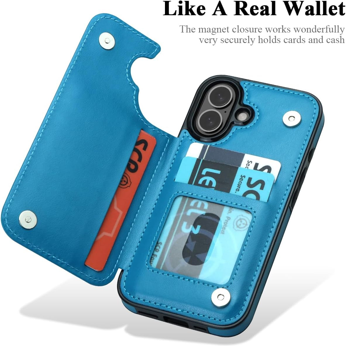 for Iphone 16 Case with Card Holder, Flower Magnetic Clasp Flip Case for Iphone 16 Wallet Case for Women, Protective Case Phone Case for Iphone 16 (6.1 Inch),Blue