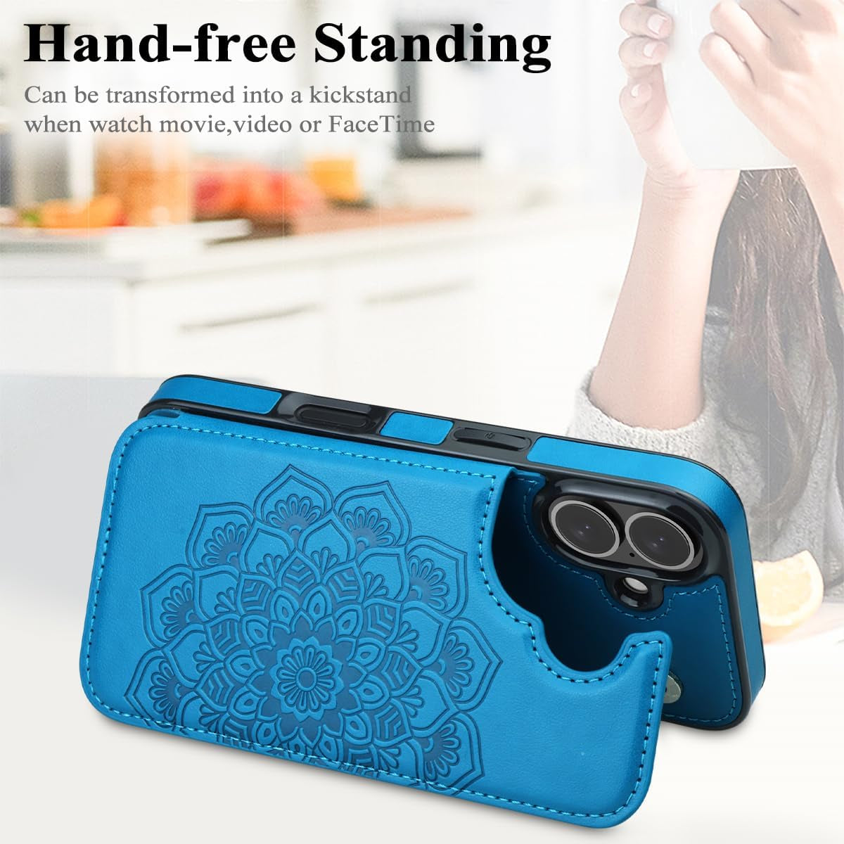 for Iphone 16 Case with Card Holder, Flower Magnetic Clasp Flip Case for Iphone 16 Wallet Case for Women, Protective Case Phone Case for Iphone 16 (6.1 Inch),Blue
